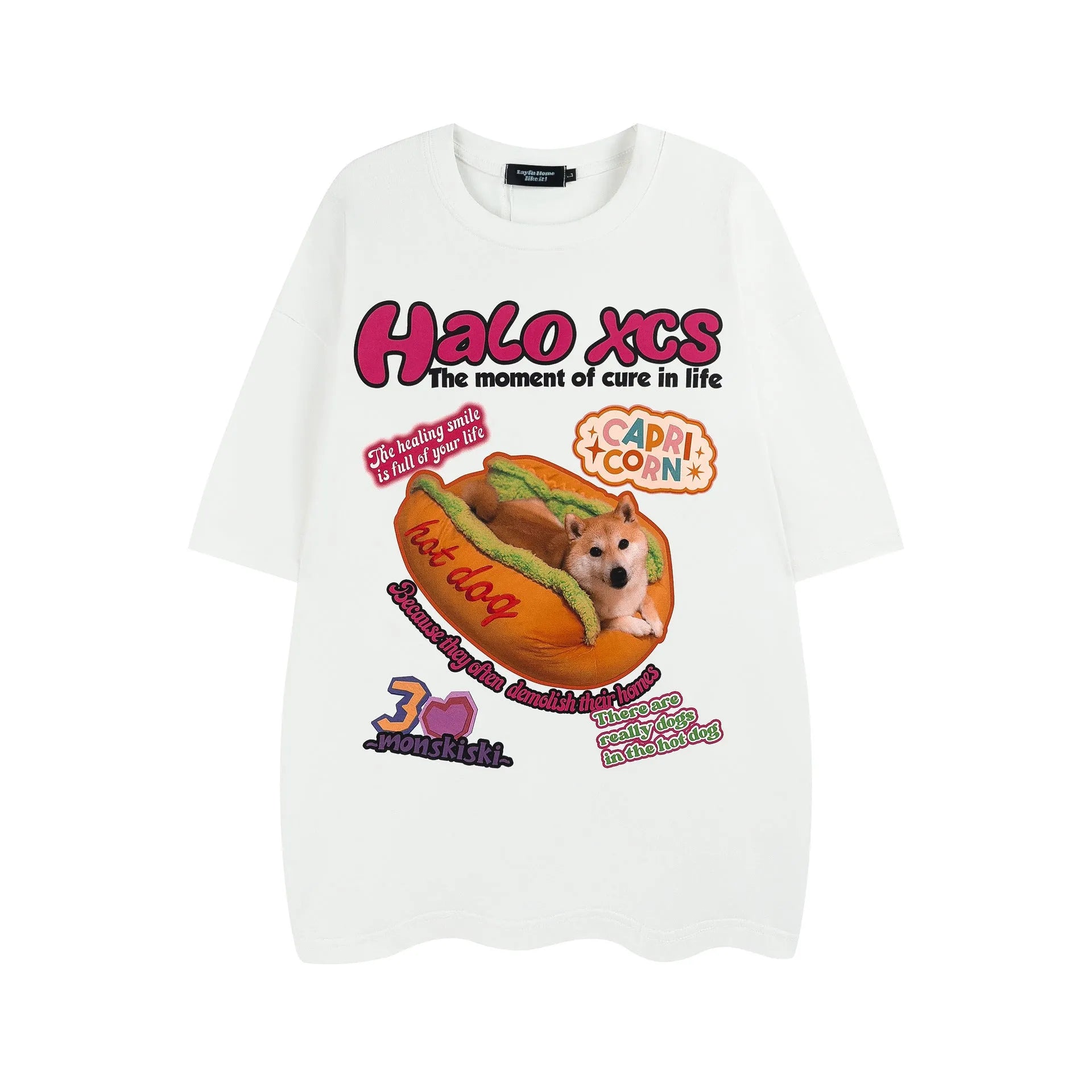 Cartoon hamburger dog printed cotton t-shirt in loose fit showing front design