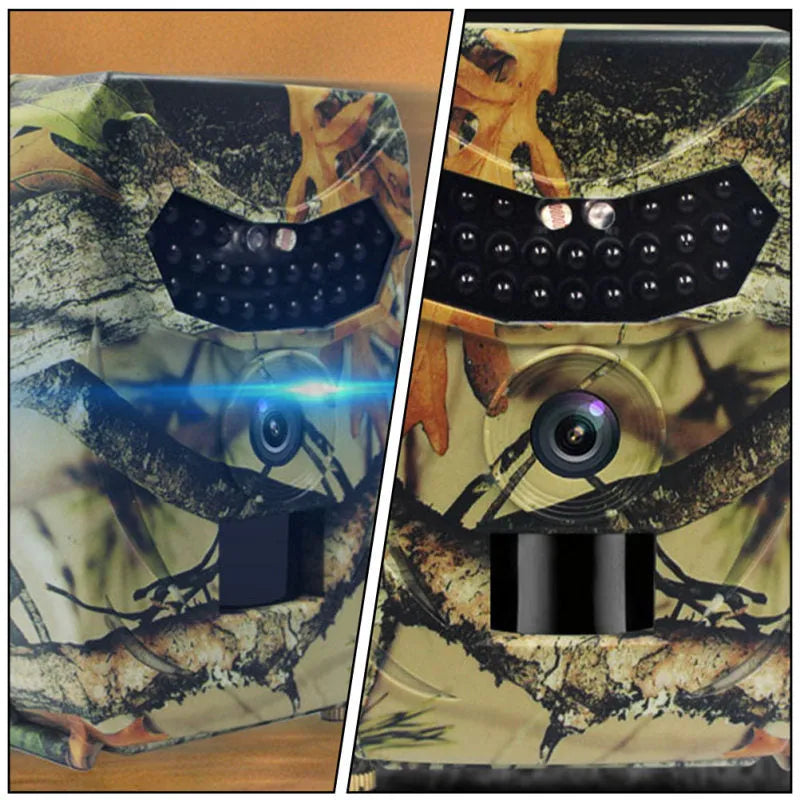 Yellow brown coloured plastic hunting game camera with infrared LEDs and lens, shown with its dimensions.