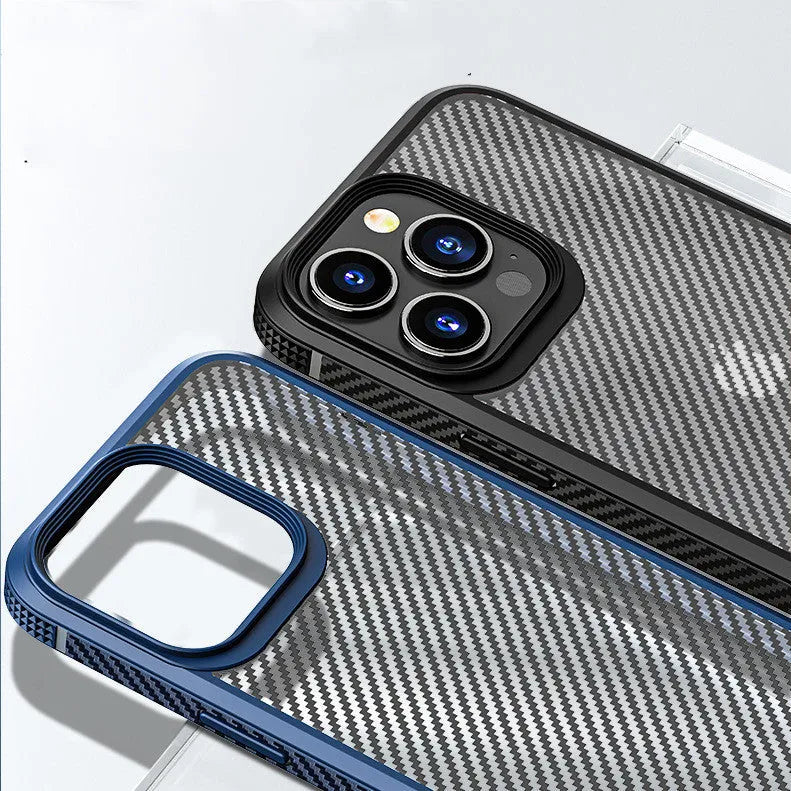 Anti-fall protective phone case for iPhone 13 in black with carbon fibre pattern detailing