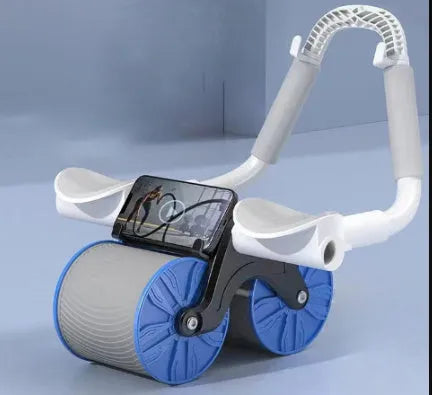 Black and blue automatic rebound abdominal exercise wheel on a matching grey blue locking edge yoga mat.