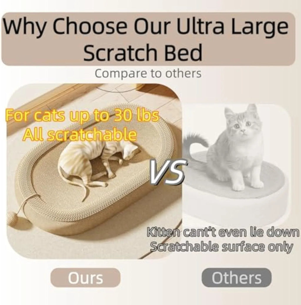 Large natural sisal cat scratching board with a built-in raised lounging bed for cats.