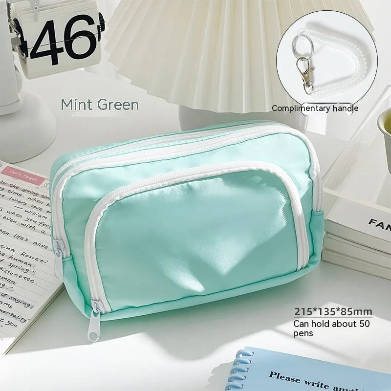 Double layer pencil case in solid colour with gift handle for stationery storage