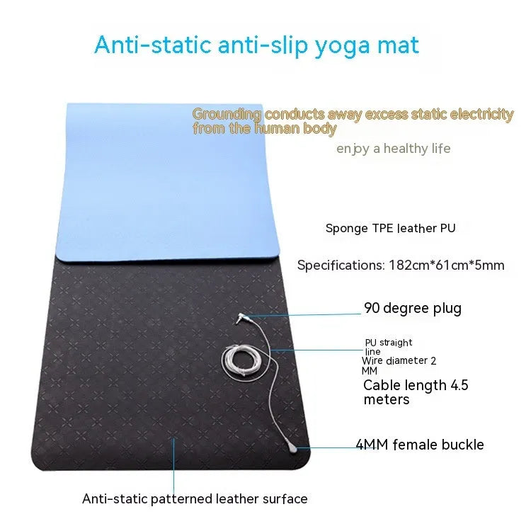 Blue floral pattern conductive yoga mat with grounding wire measuring 182x61cm