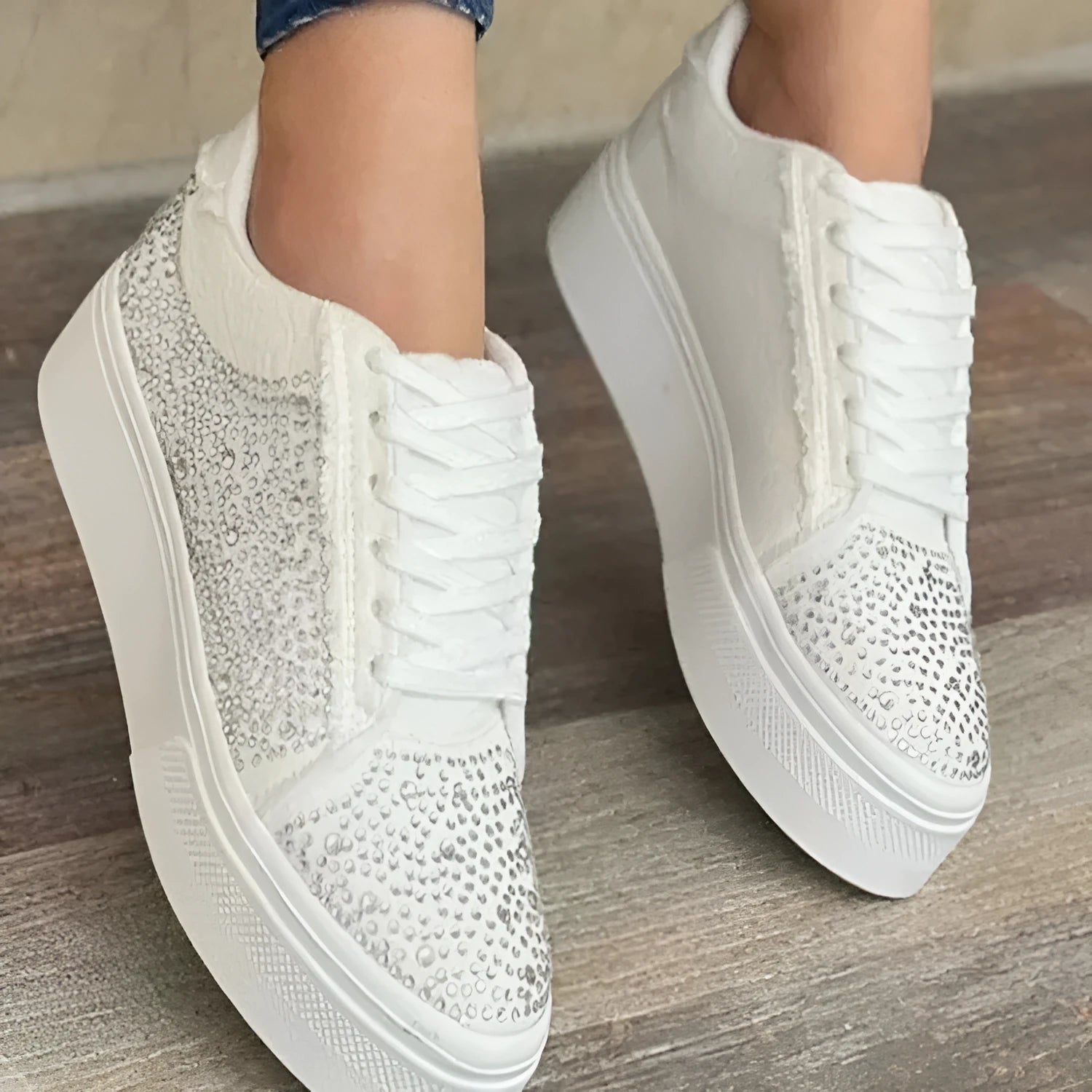 Plus size women's rhinestone casual pumps with thick flat heels in black, blue, white, or red