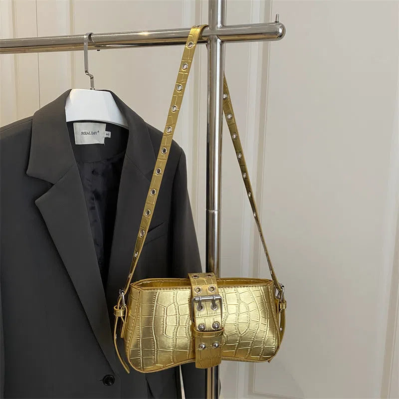 Vertical rectangle PU underarm bag with stitched patchwork, single shoulder strap, available in black, gold, white