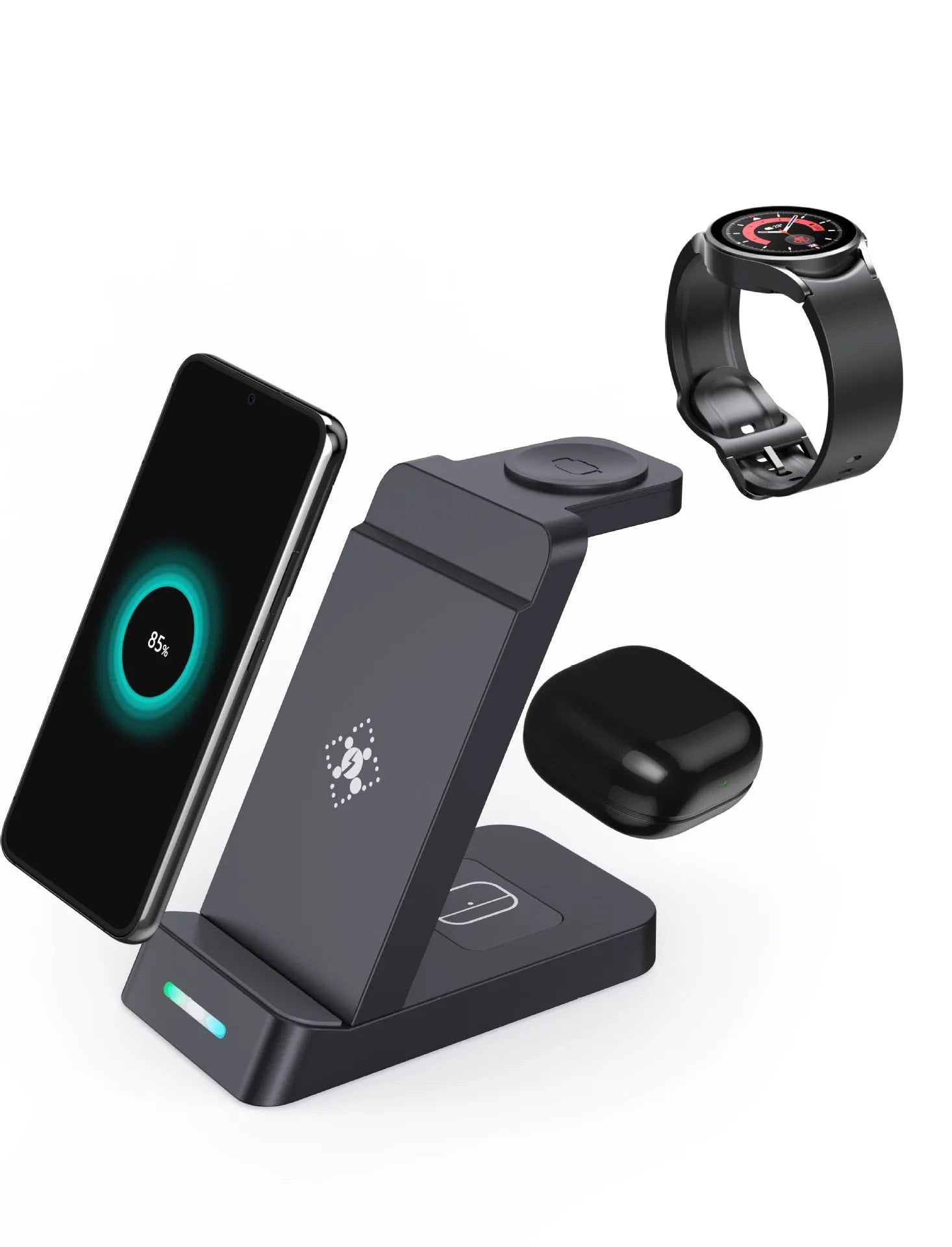 Black 3-in-1 wireless charging station with phone standing vertically in portrait orientation