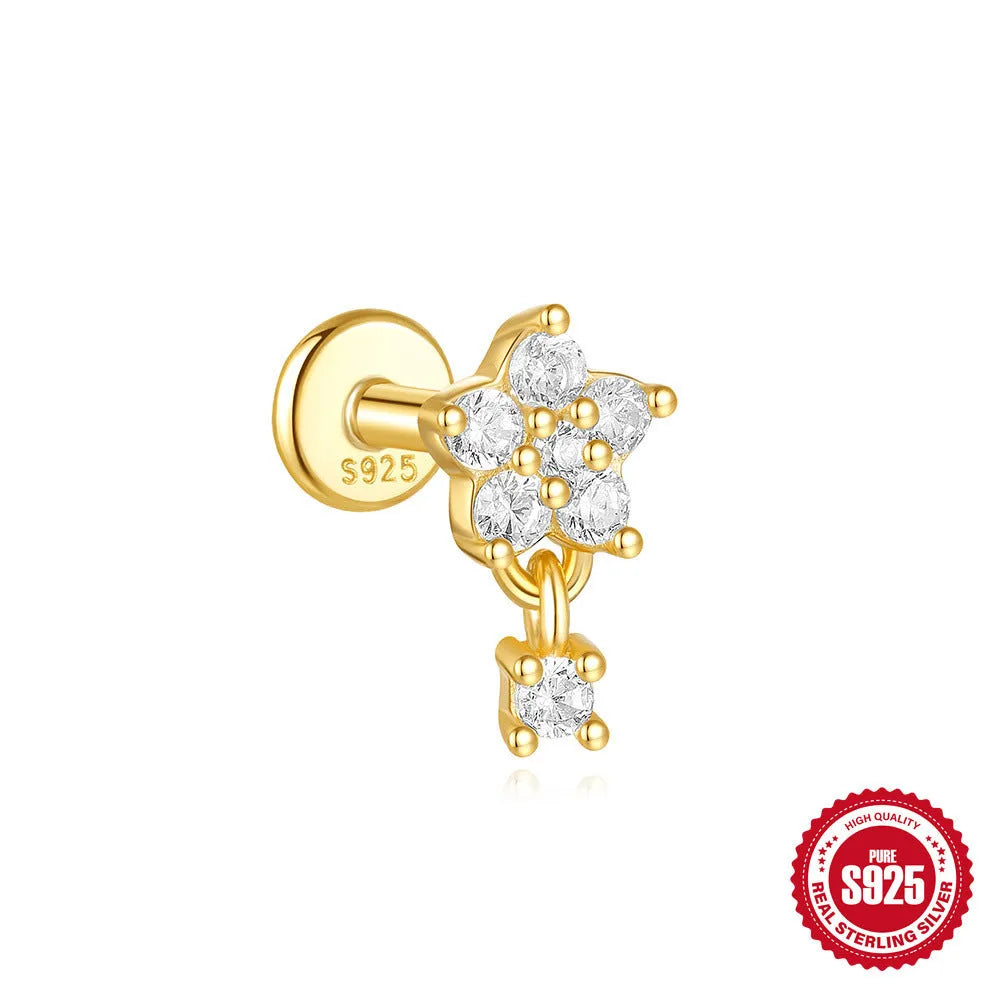 S925 sterling silver geometric moon and star earrings with embedded diamond detailing in gold tone finish