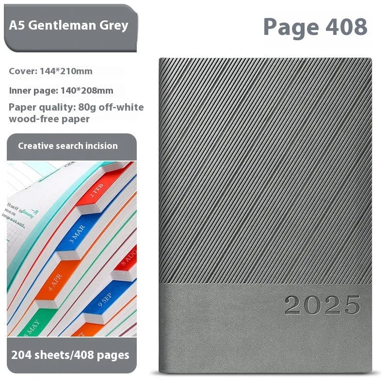 Thick business notepad with striped PU leather cover showing colour options and open pages