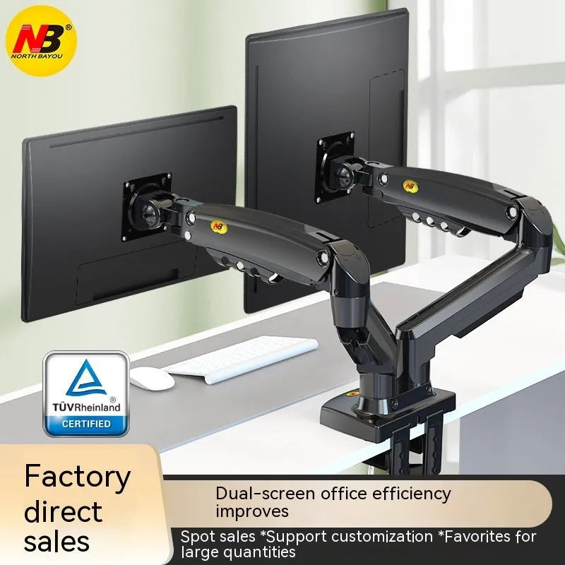 Dual screen lifting monitor bracket made of aluminium alloy and black plastic for VESA mounts.