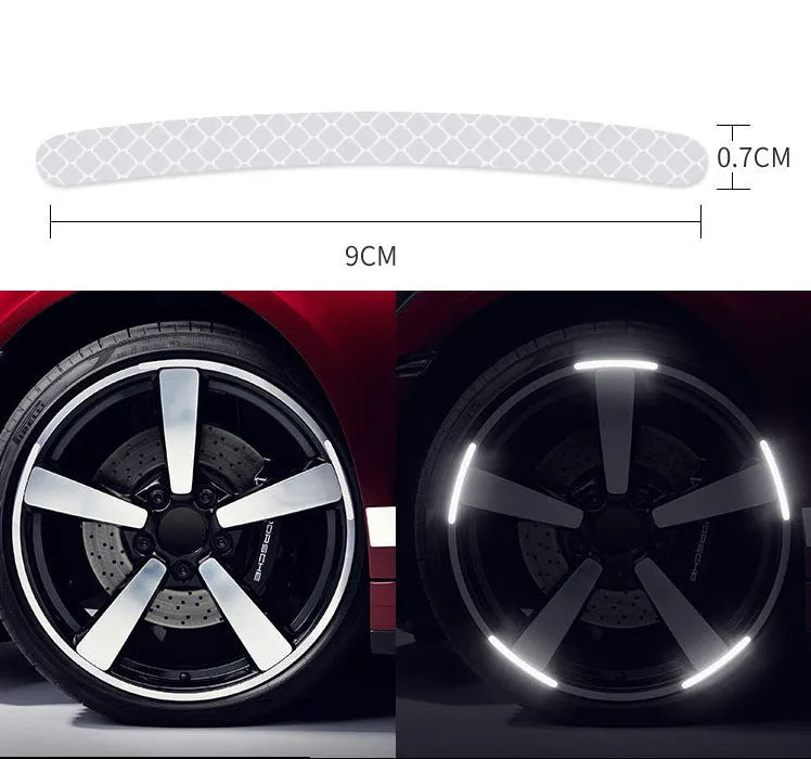 Pack of 20 arc-shaped reflective PVC stickers for car wheel hubs in multiple colours.
