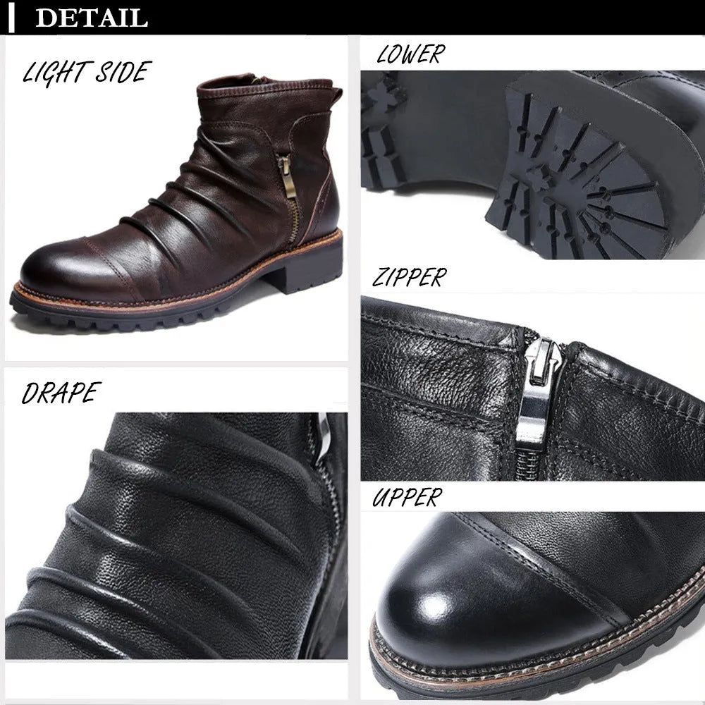 Men's black artificial PU leather cowboy boots with side zipper and round toe.