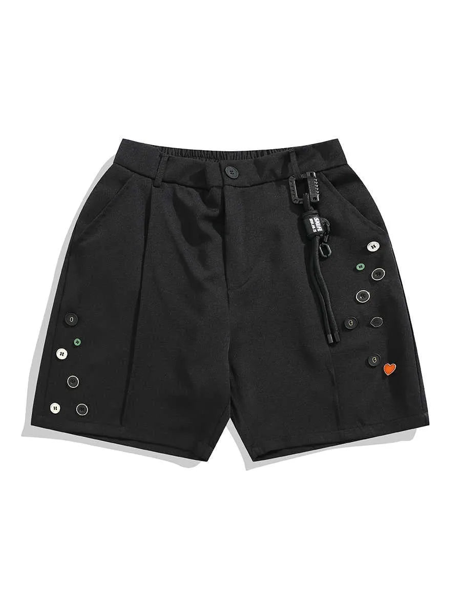 Men's black loose-fit straight-leg shorts with a semi-elastic waistband and zipper fly.