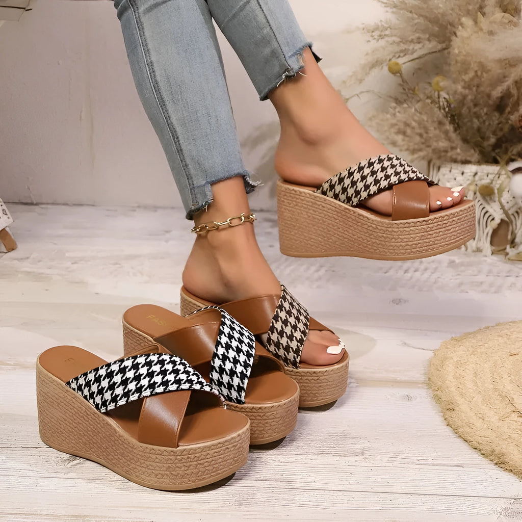 Cross leopard plaid wedge sandals with rubber sticky soles in black or brown pattern