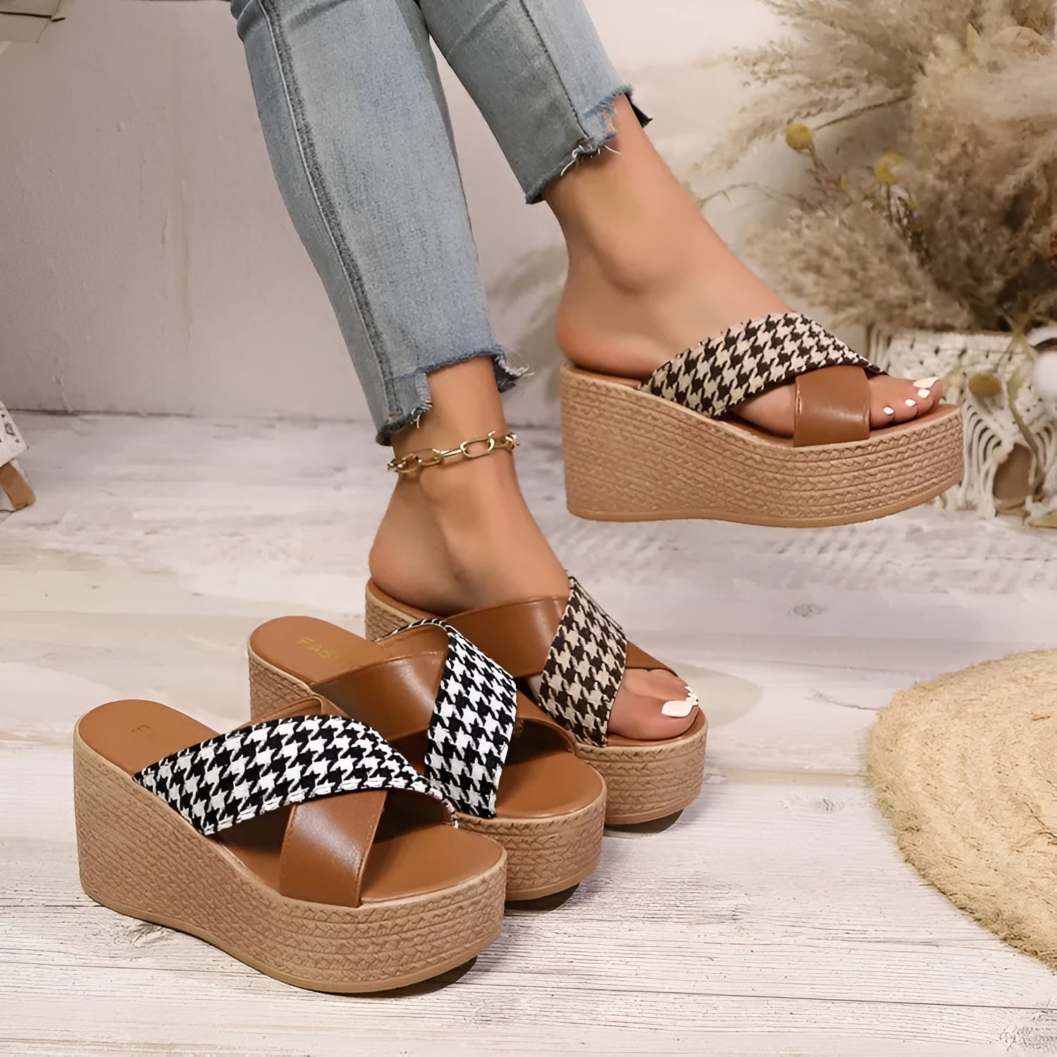 Cross leopard plaid wedge sandals with rubber sticky soles in black or brown pattern