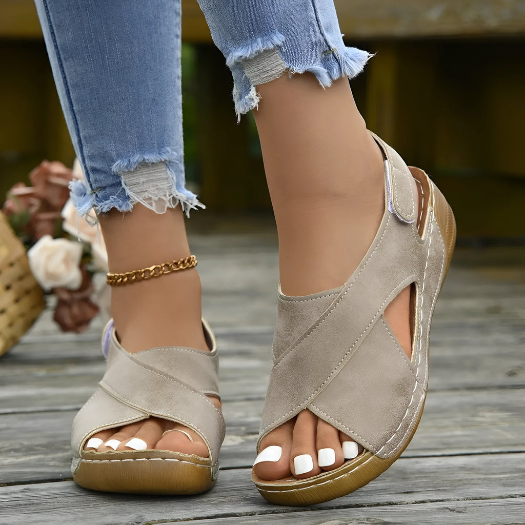 Women's brown Roman platform sandals with Velcro straps and open toe