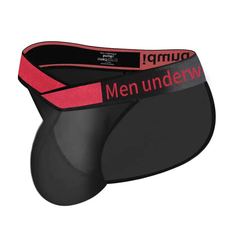 Men's transparent ice silk breathable underwear briefs with large V gradient high fork in red colour