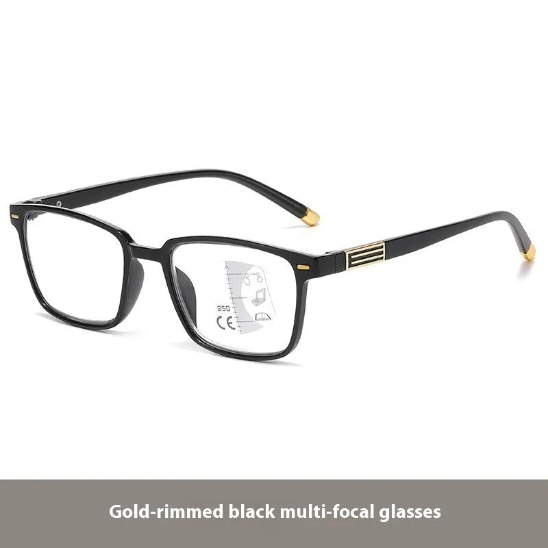 Multifocal reading glasses with anti-blue light and photochromic lenses in black frame with gold accents
