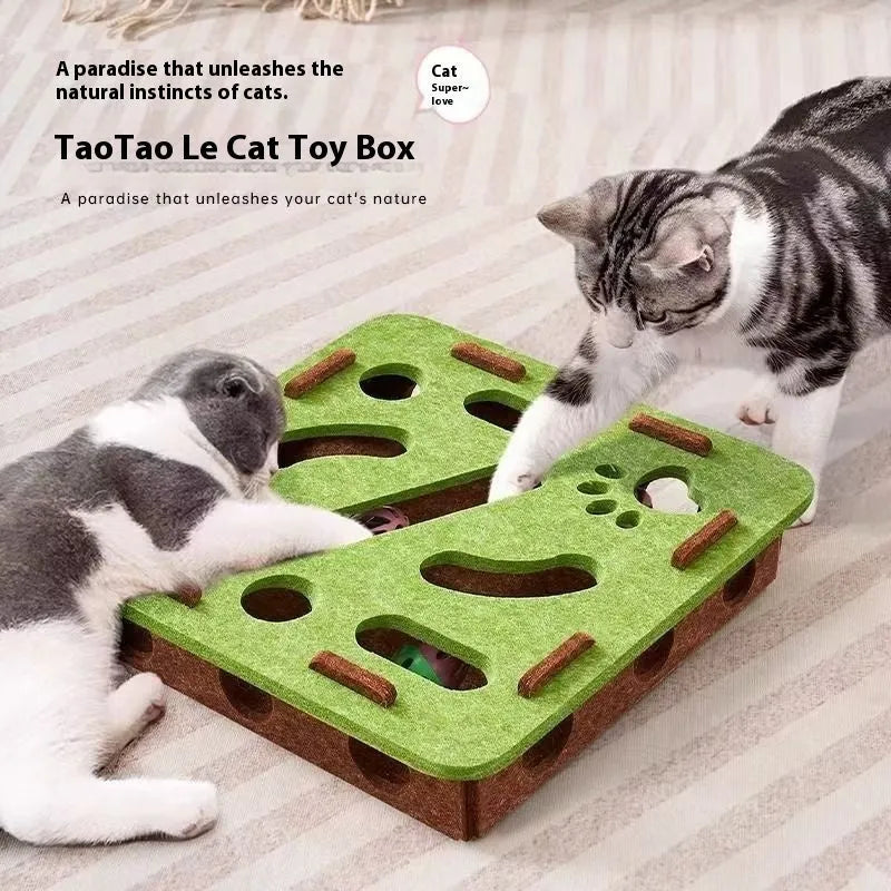 Square felt cat toy with artifact holes in green brown colour measuring 30cm