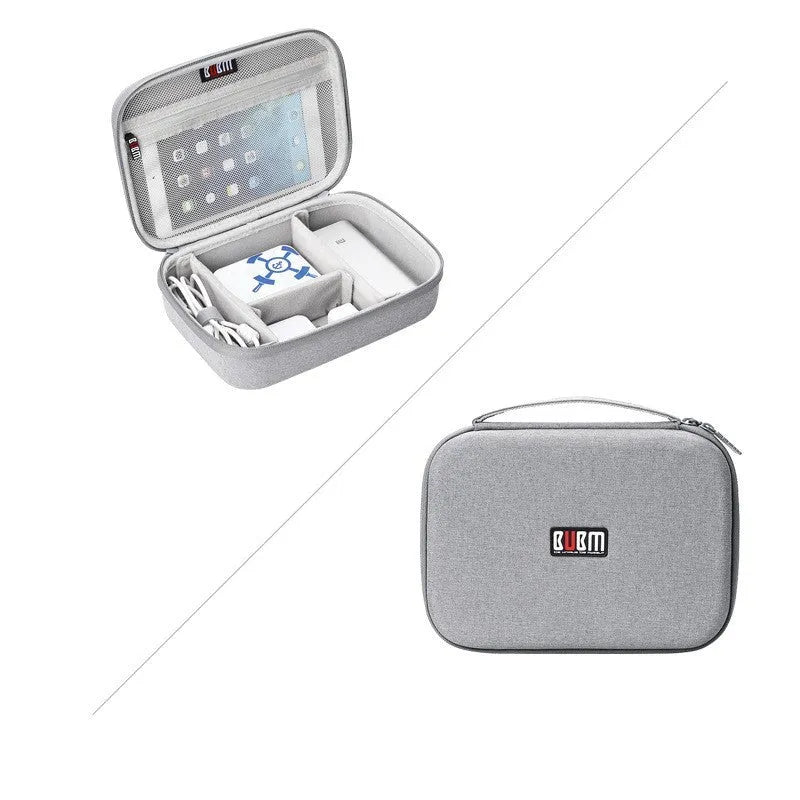 Black and grey EVA digital storage bag for earphones and cables, showing double-layer and single-layer style options.
