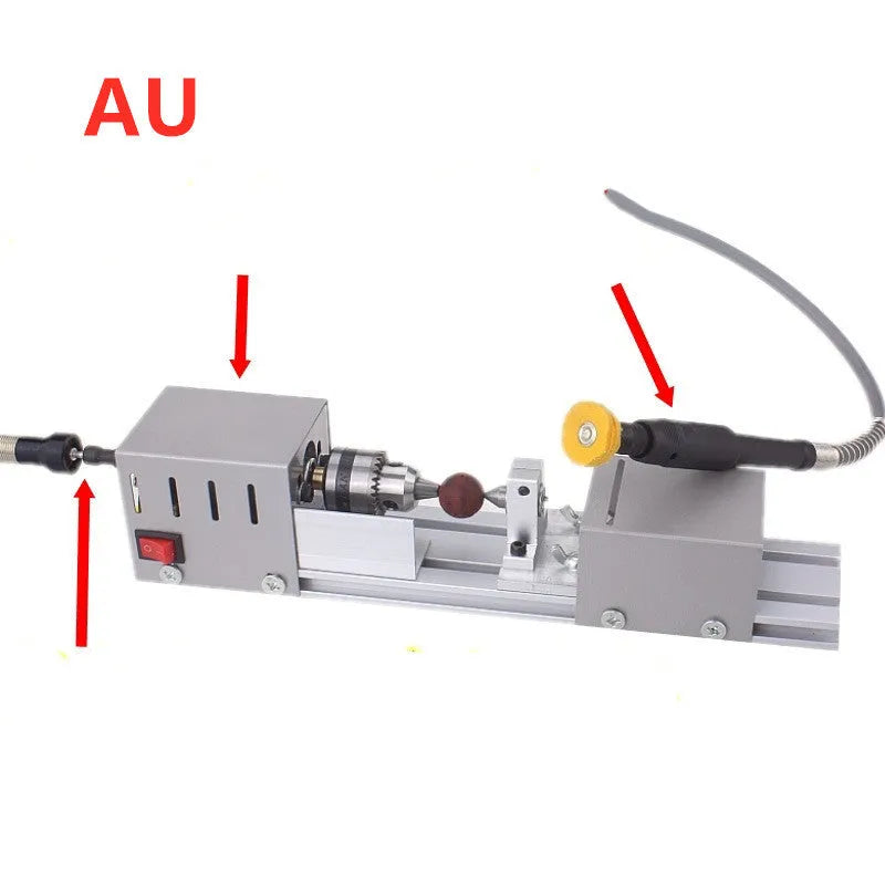 Mini metal woodworking lathe with carving knives and accessories for small craft projects
