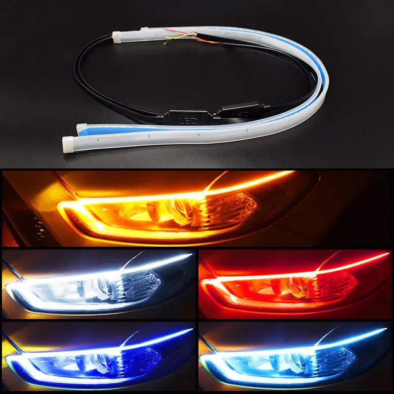 Car LED daytime running light strip with flowing turn signal function in silicone waterproof housing