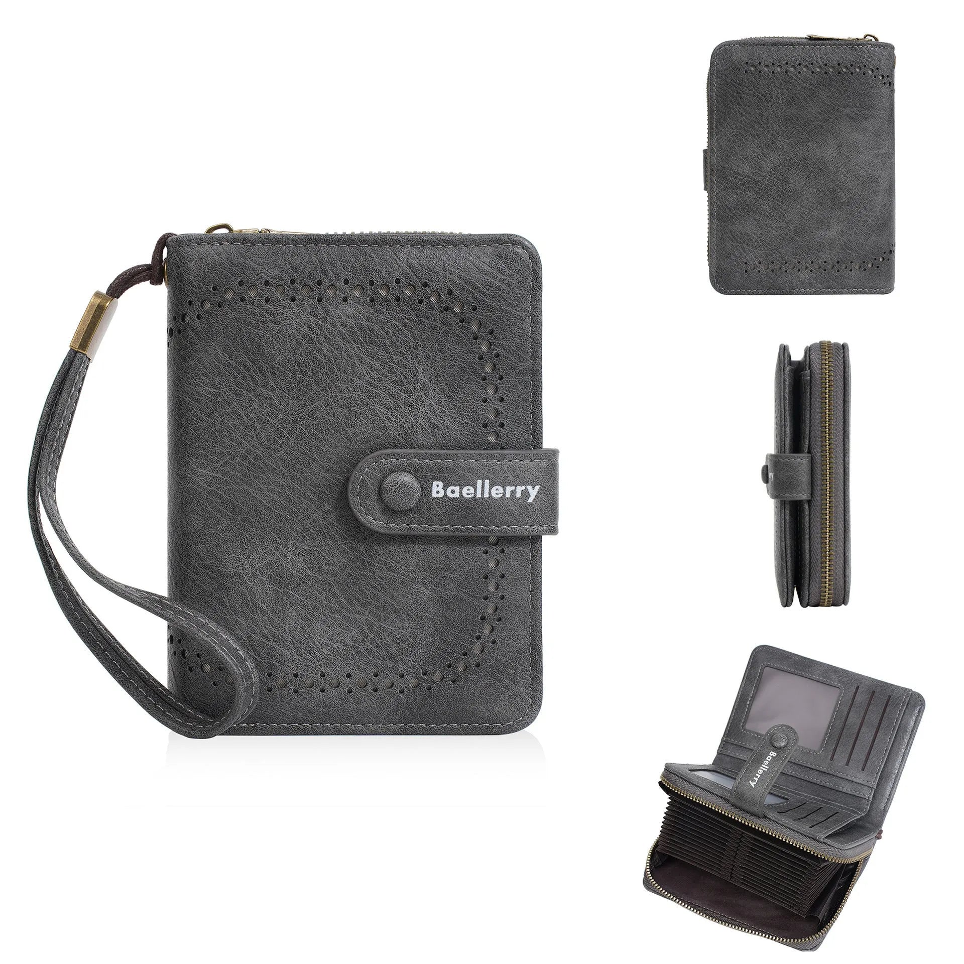 Women's black PU leather zipper coin purse wallet with card slots open showing interior