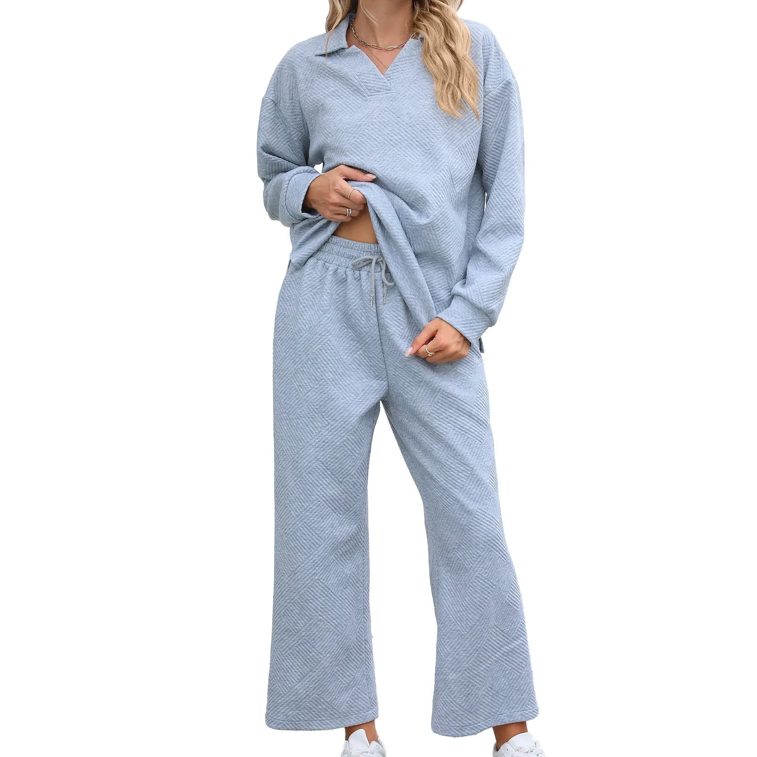 Women's solid colour knitted jacquard two-piece suit with lapel top and elastic waist cropped trousers