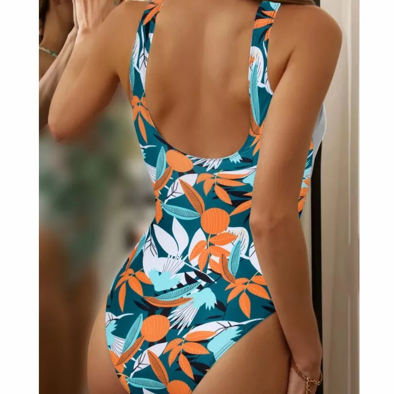 Women's high-waist one-piece swimsuit with printed pattern in quick-drying polyester fabric