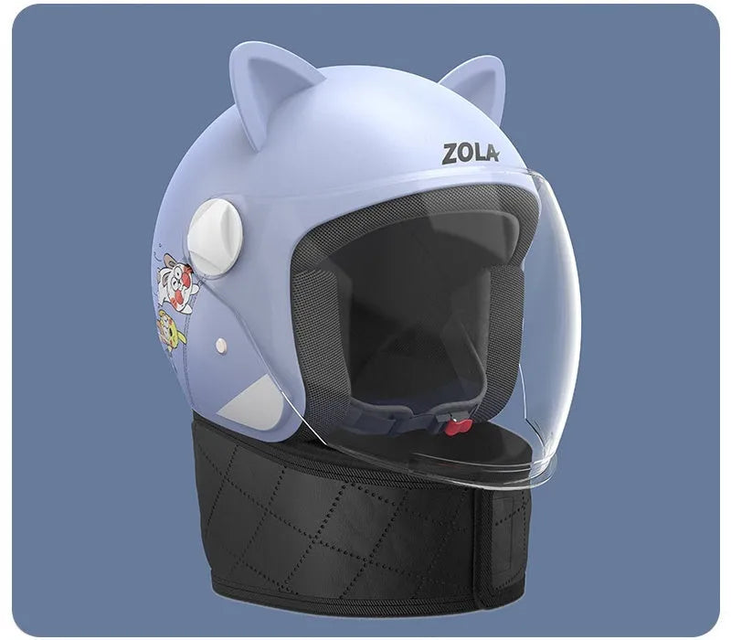 Winter electric bicycle helmet with removable scarf and anti-fog visor in blue colour