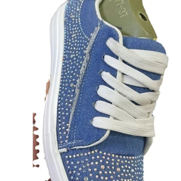 Plus size women's rhinestone casual pumps with thick flat heels in black, blue, white, or red