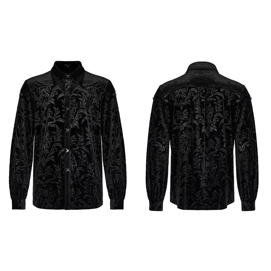 Black men's long sleeve velvet shirt with pointed collar and gothic preppy style detailing.