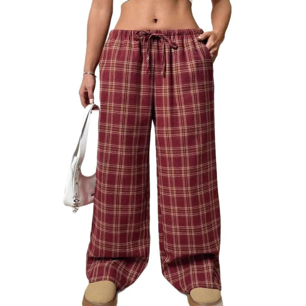 Women's red casual trousers with drawstring waist and plaid pockets in loose fit