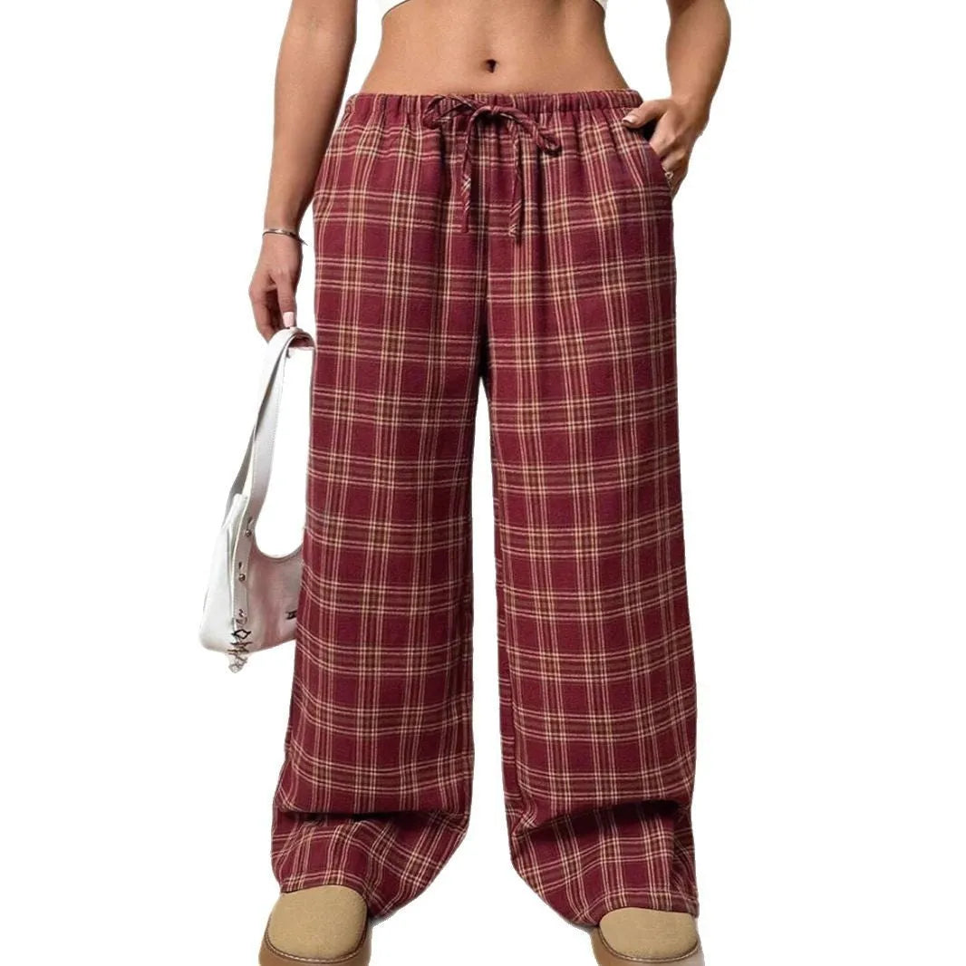 Women's red casual trousers with drawstring waist and plaid pockets in loose fit