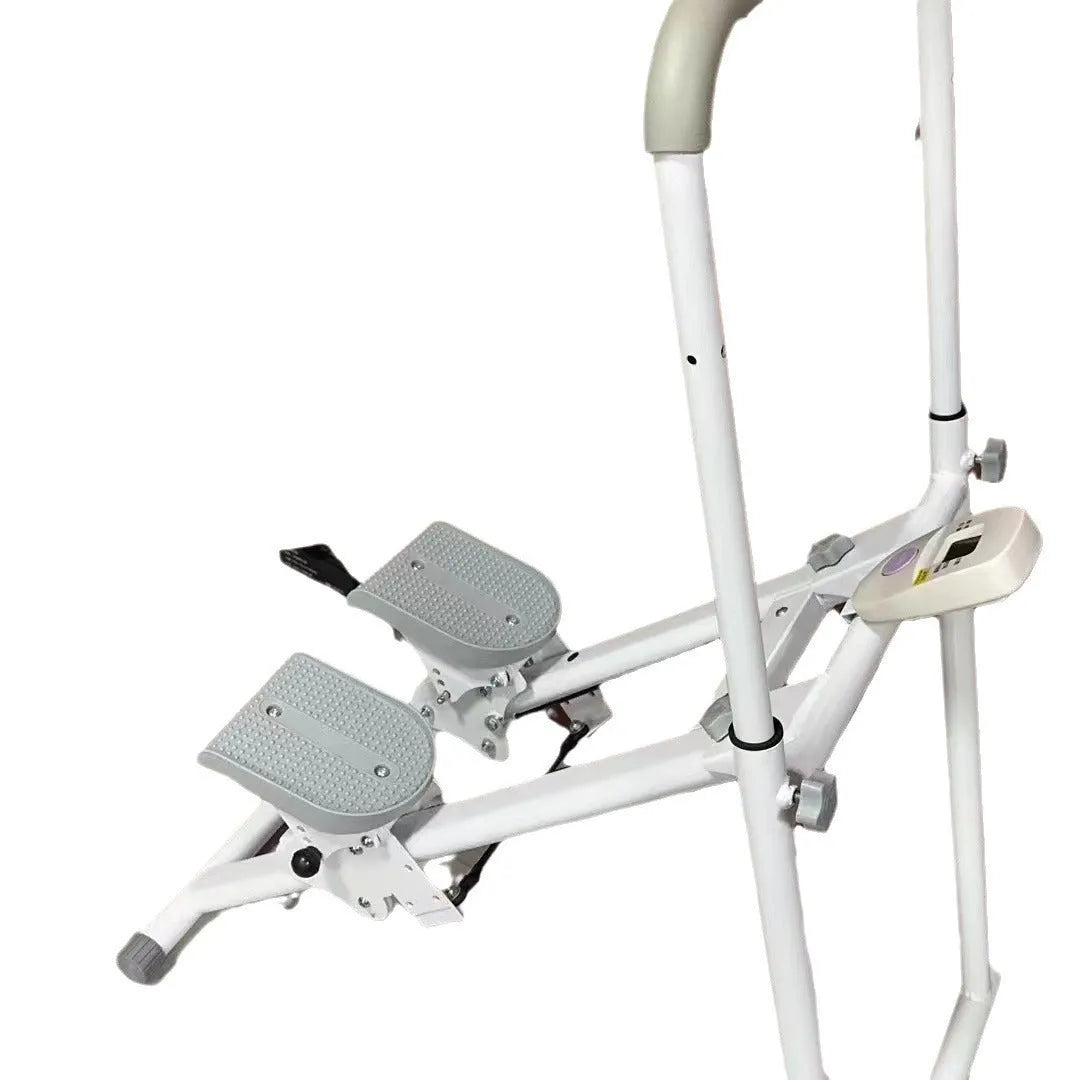 White folding home treadmill with a 1 horsepower motor shown in a domestic setting.