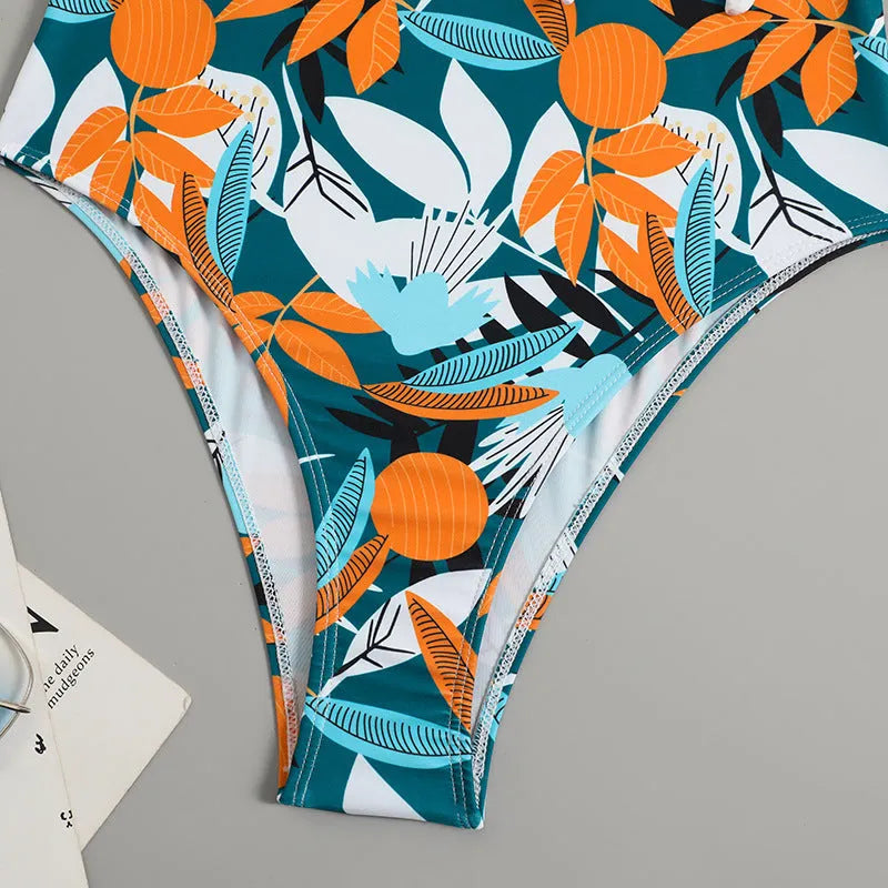 Women's high-waist one-piece swimsuit with printed pattern in quick-drying polyester fabric