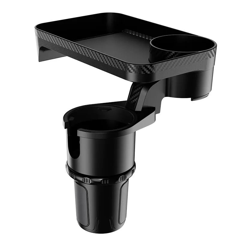 Black ABS rotating car tray holder showing cup holder and dinner plate attachment mounted in vehicle