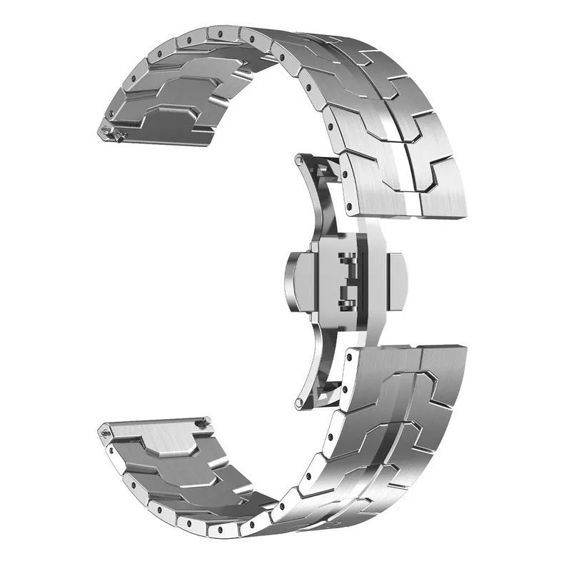 Stainless steel watch band for Samsung Galaxy Watch in silver, black, titanium, blue, and two-tone colour options.