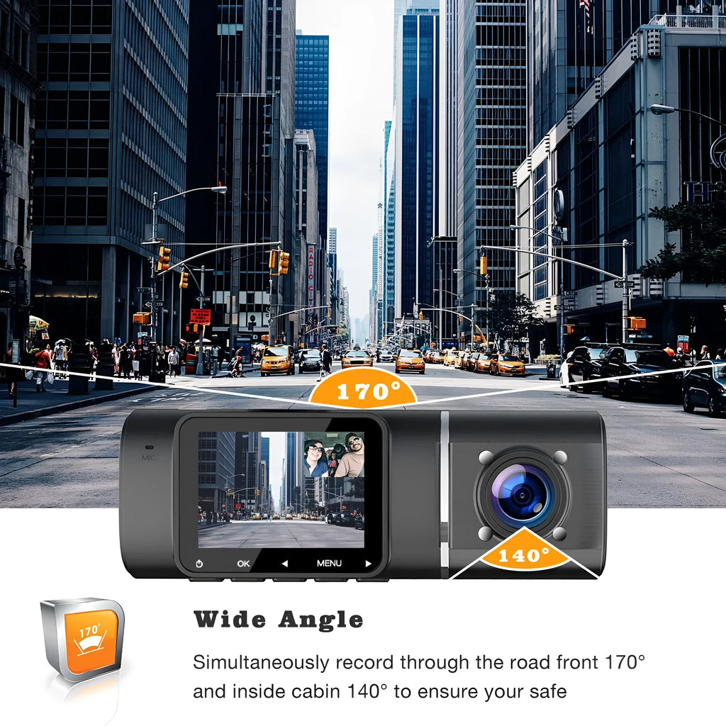 Black dual channel dash cam on a car windscreen with a 1.5-inch screen, showing front and rear camera views.