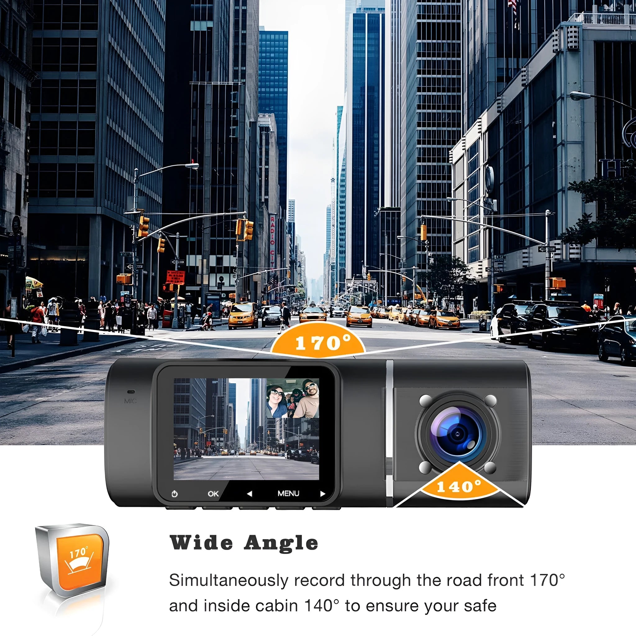 Black dual channel dash cam on a car windscreen with a 1.5-inch screen, showing front and rear camera views.