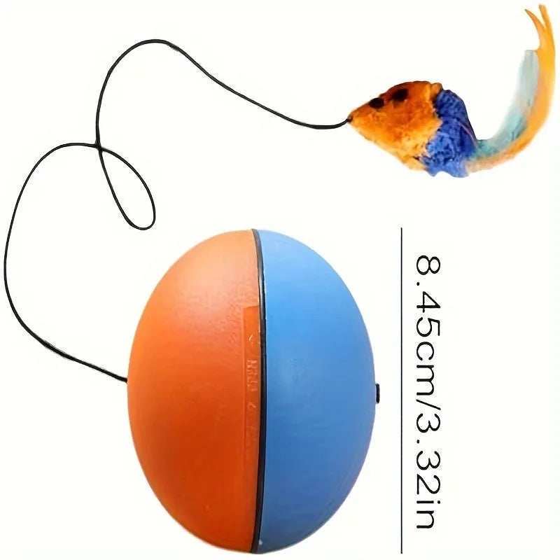 Interactive cat toy with blue and orange removable plush mouse attached to ball for feline exercise