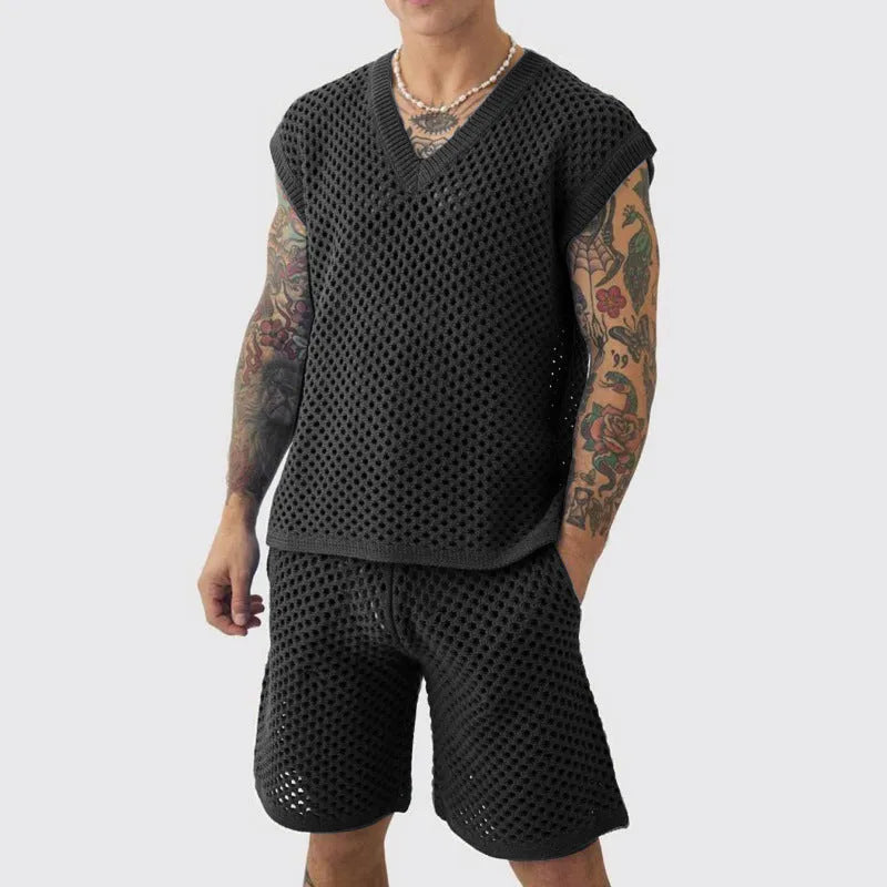 Men's blue knitted vest and shorts sports suit with V-neck and sleeveless design