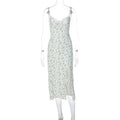 Women's long blue dress with lace flower print and slit suspender design.