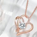 Women's heart-shaped silver necklace shown in rose gold, white gold, and yellow gold plating variations.