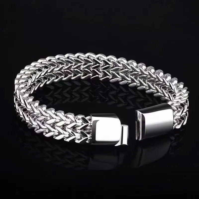 Silver geometric hip hop stainless steel men's bracelet showing 4x8mm and 5x10mm link size options.
