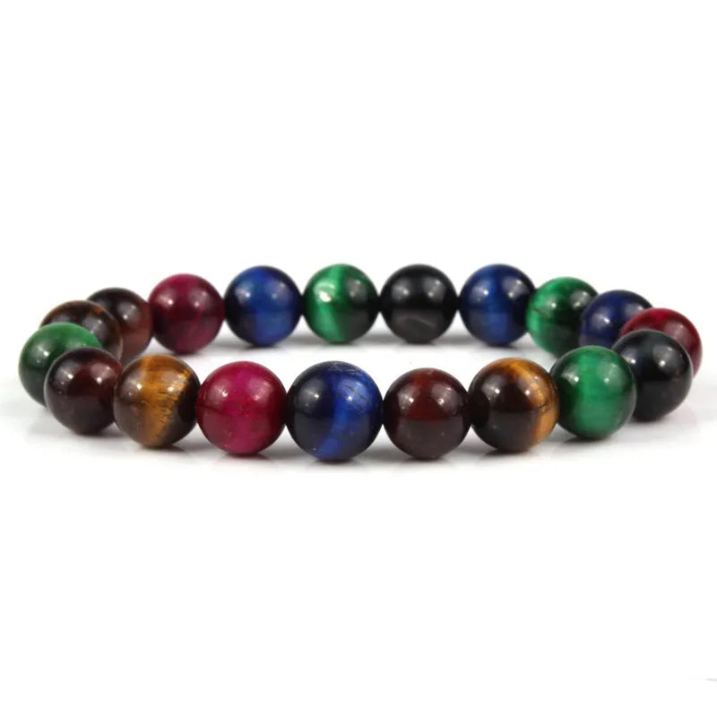 Natural tigereye crystal bracelet with geometric round beads showing colour and size options.