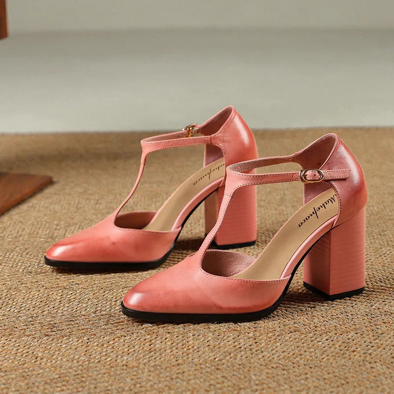 Women's dark brown retro pointed-toe Mary Jane shoes with a buckle fastening on a leather upper.