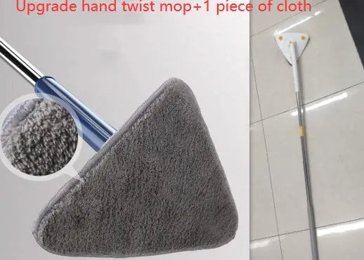Blue triangular cleaning mop with 360-degree rotating head and adjustable stainless steel pole extended for use