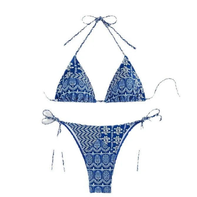 Women's green split bikini swimsuit with bandage stitching detail and polyester construction