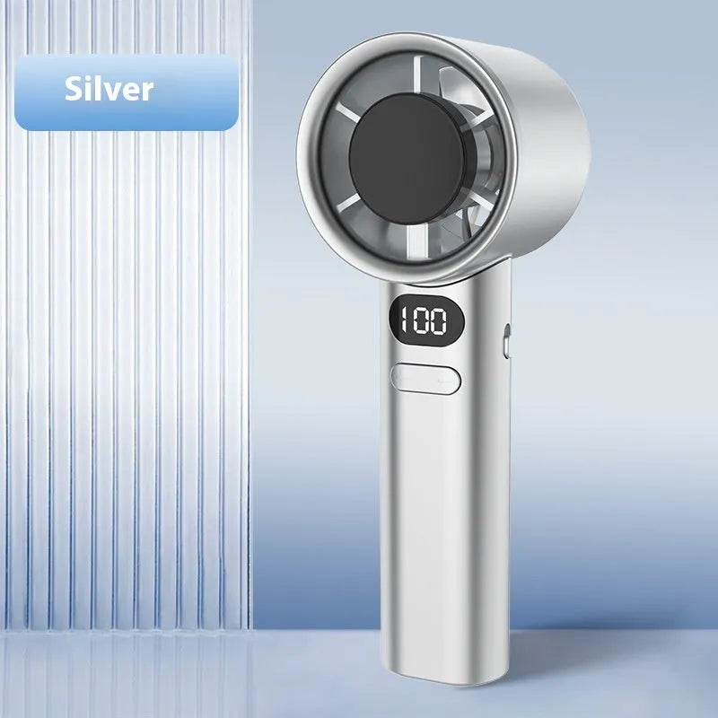 Handheld fan showing variable speed control, USB charging port, and green colour option
