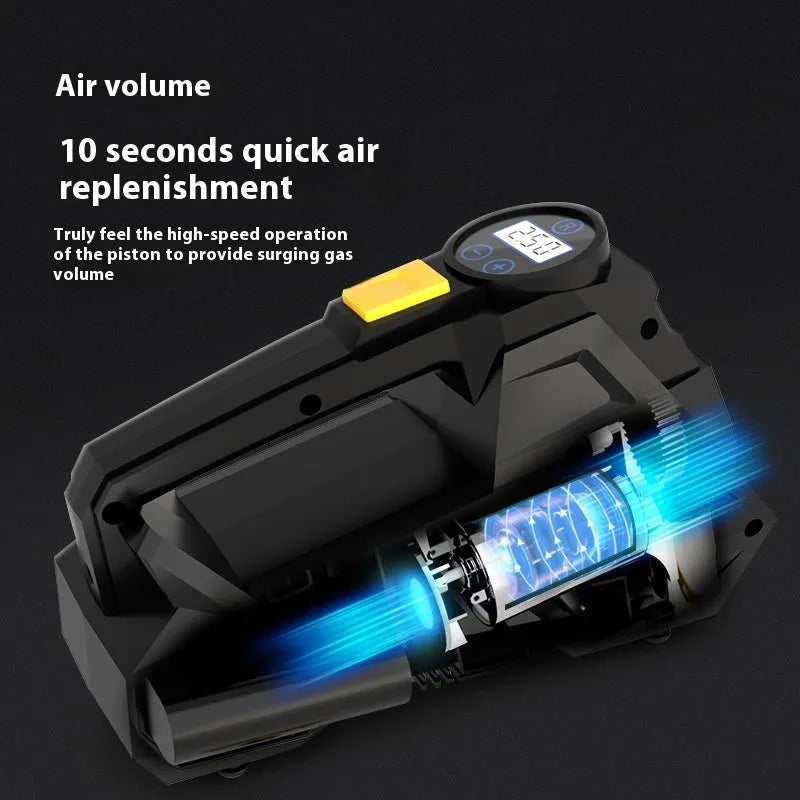 Black vehicle-mounted tyre inflator with digital display showing pressure readings